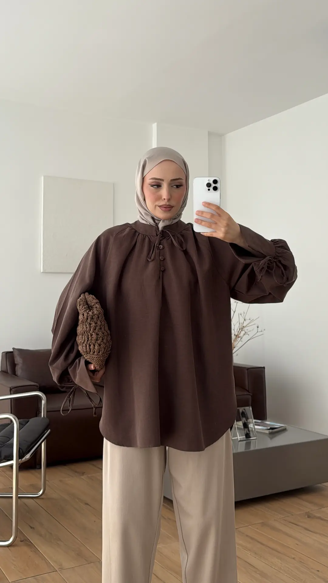 Bağcık Detay Bluz Kahve