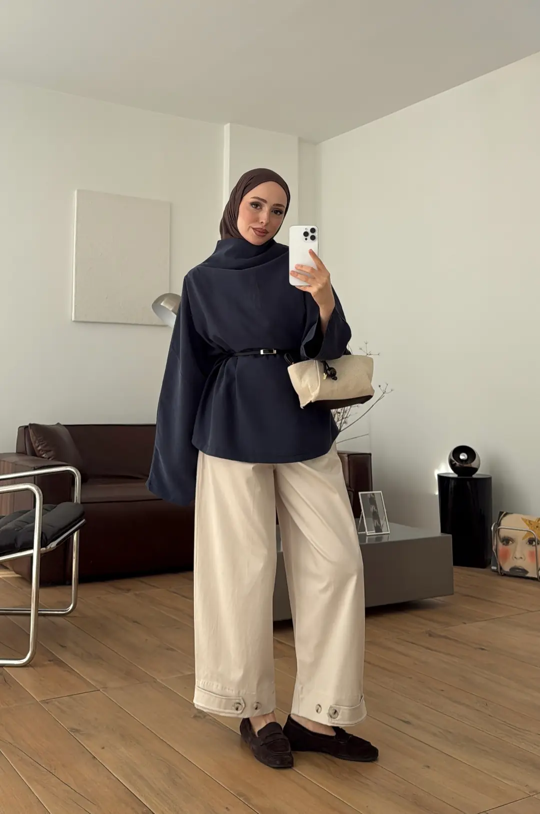 Kemerli Degaje Yaka Modal Bluz Lacivert
