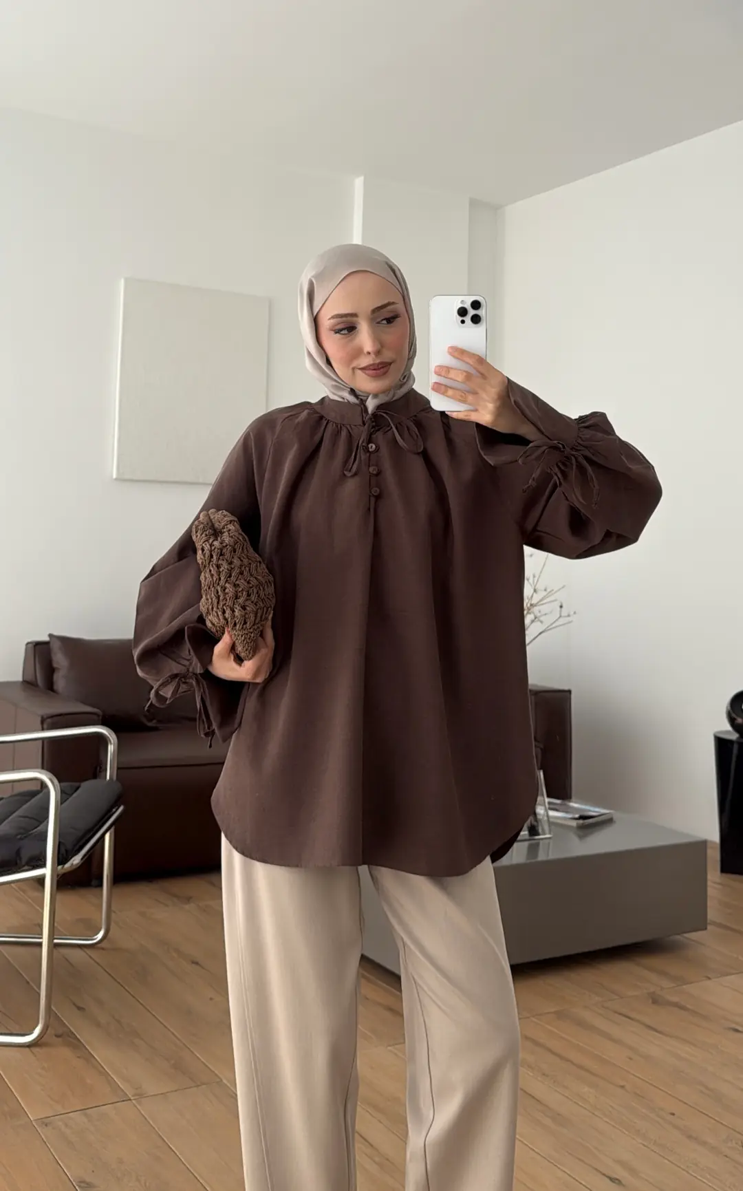 Bağcık Detay Bluz Kahve