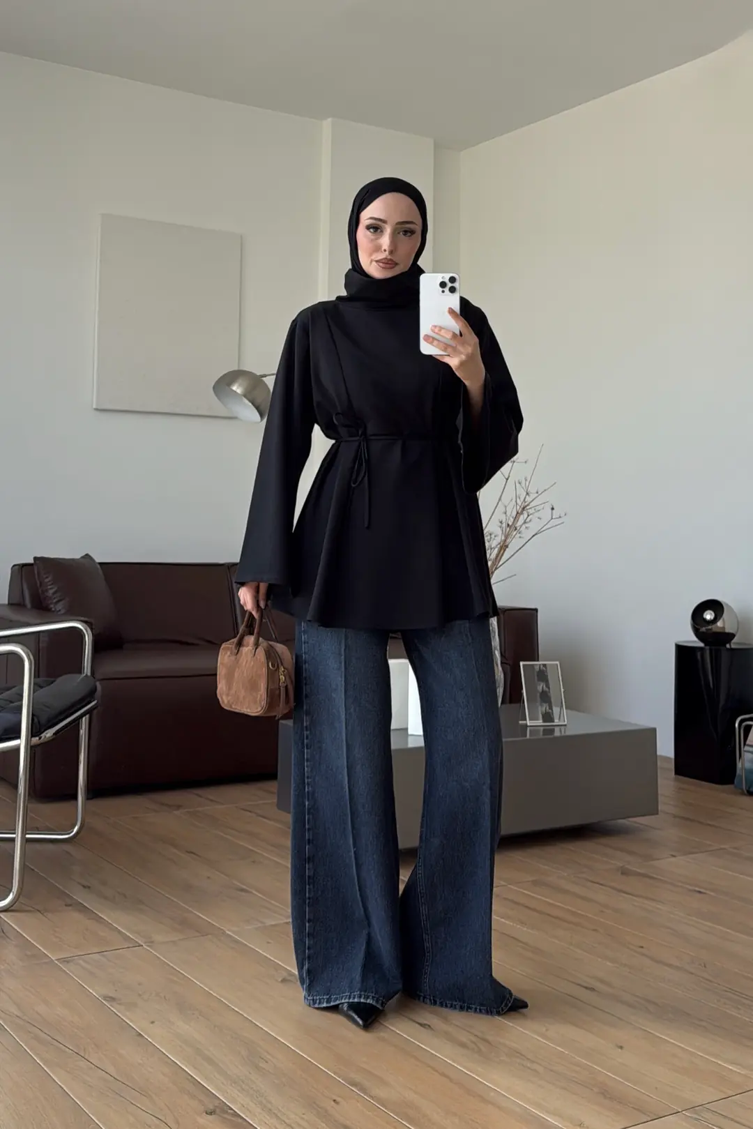 Bel Bağlamalı Dik Yaka Tunik Siyah