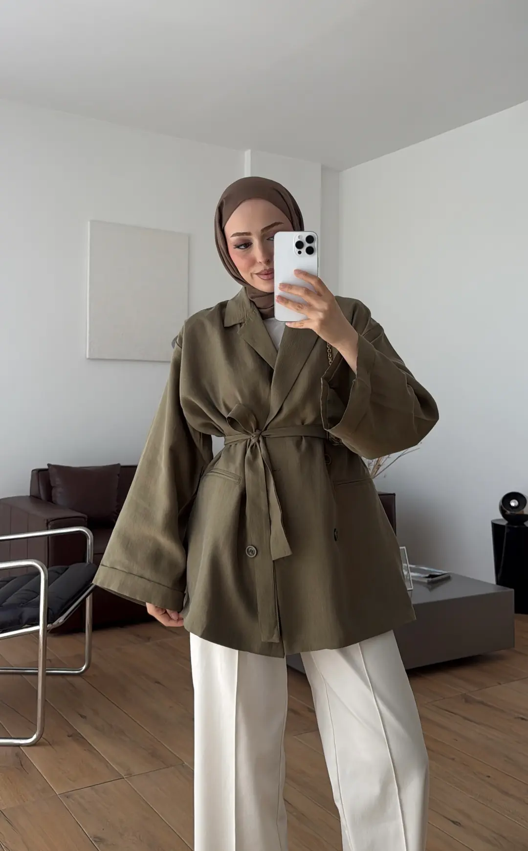 Kemerli Cepli Yazlık Ceket Haki