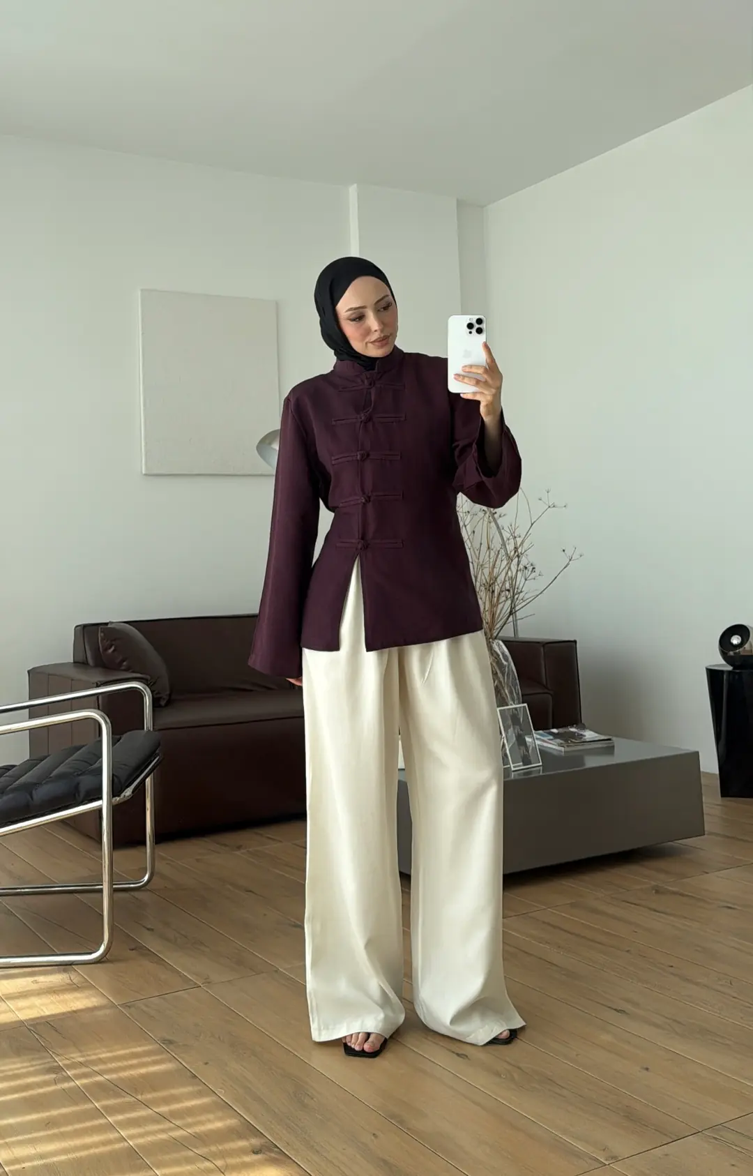 Süslü Düğmeli Keten Bluz Bordo