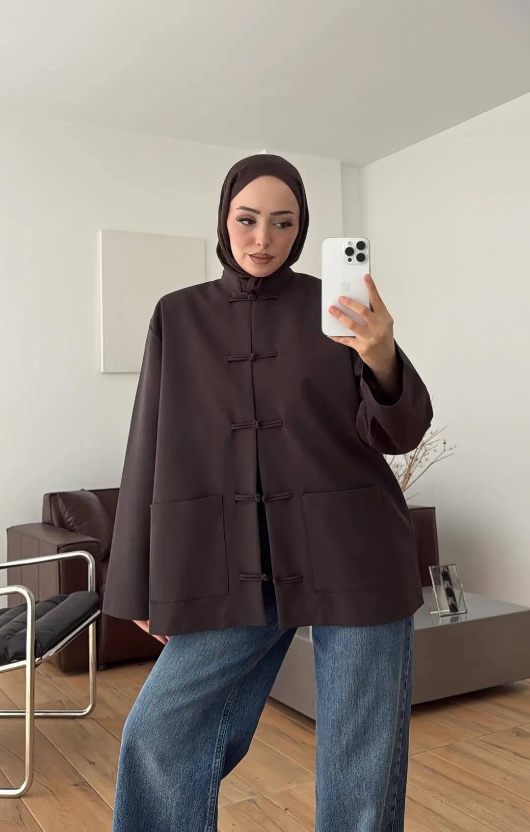 Süslü Düğmeli Krep Ceket Kahve