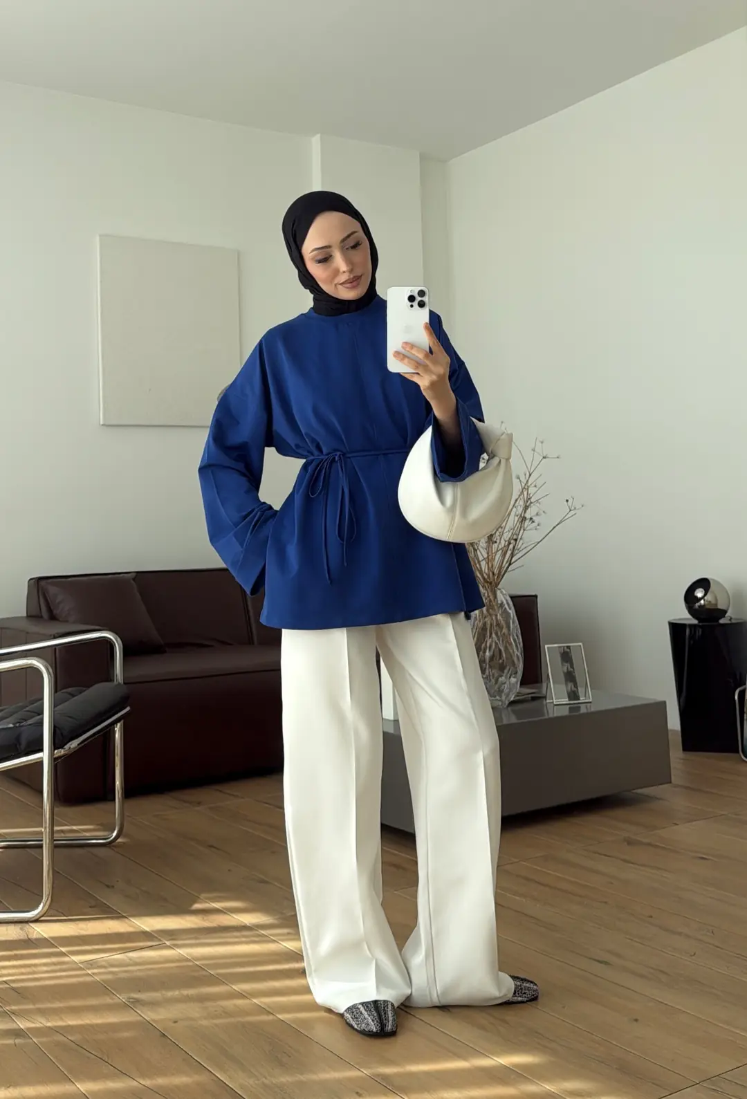 Bağlamalı Yanı Yırtmaç Detay Sweatshırt Saks