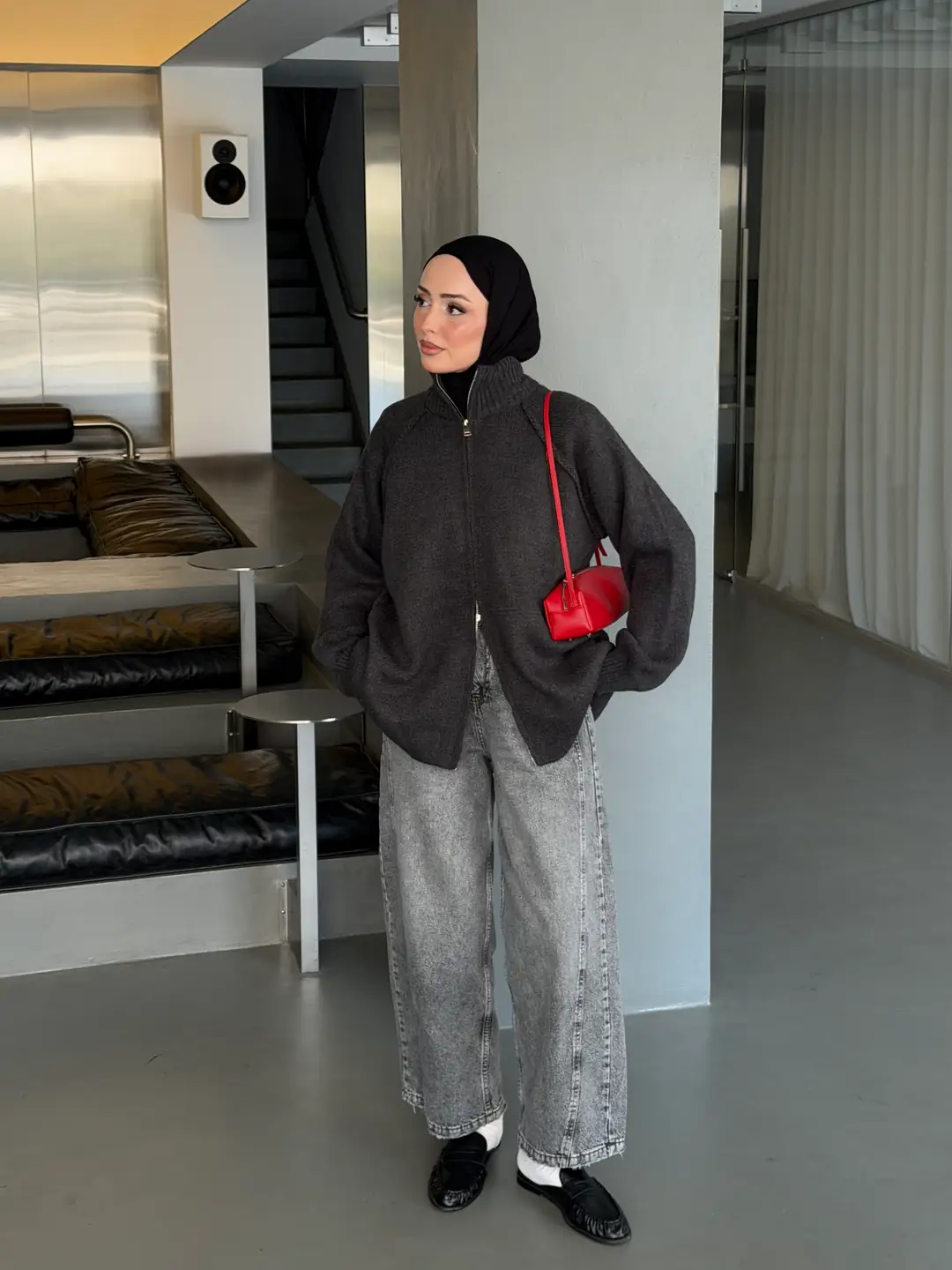 Çift Fermuarlı Triko Hırka Antrasit
