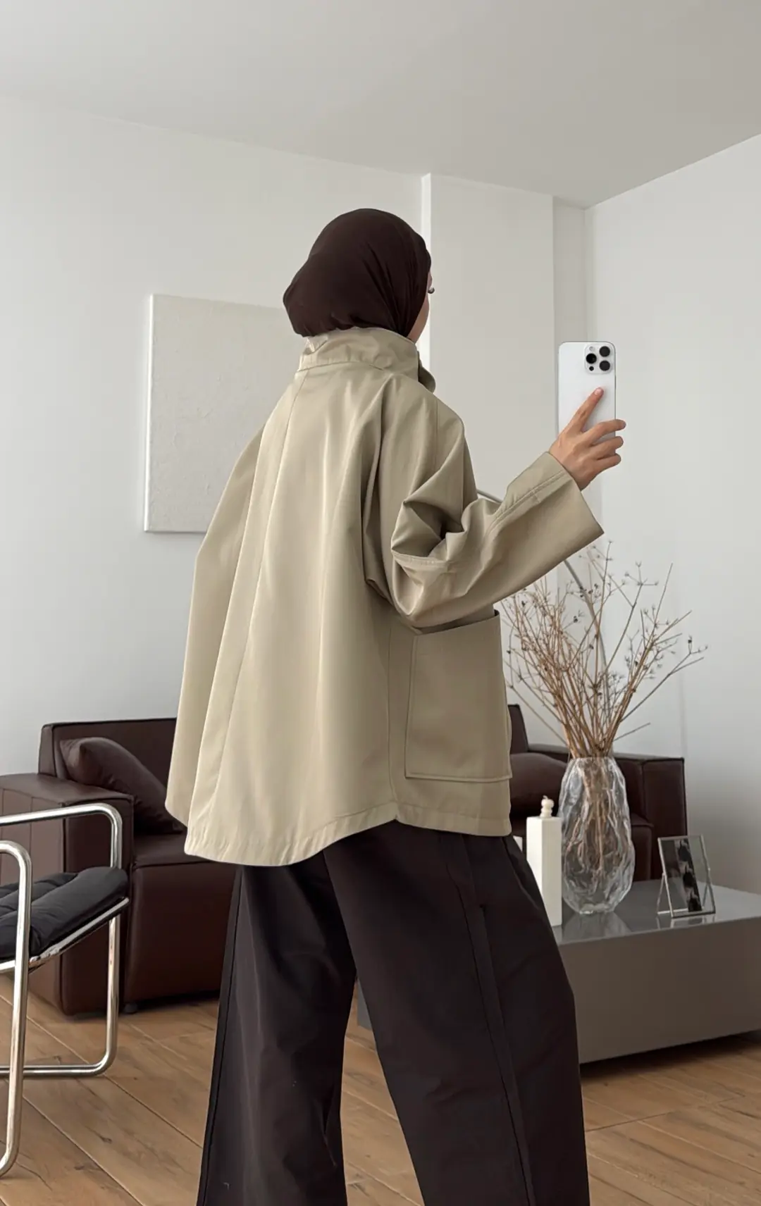 Çıtçıtlı Cep Detay Trenç Koyu Bej