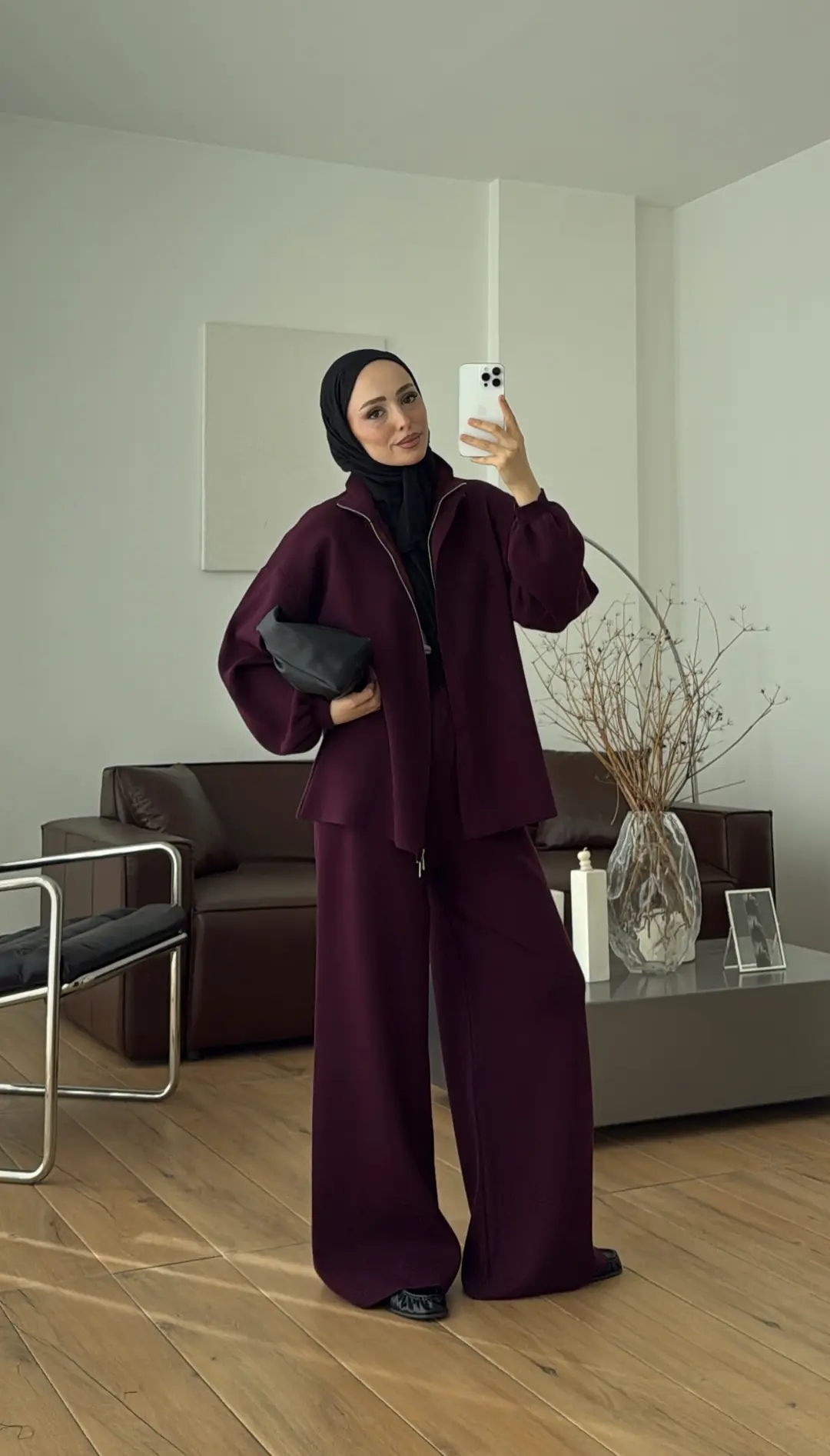 Çift Fermuarlı Tok Kumaş Triko Takım Mürdüm
