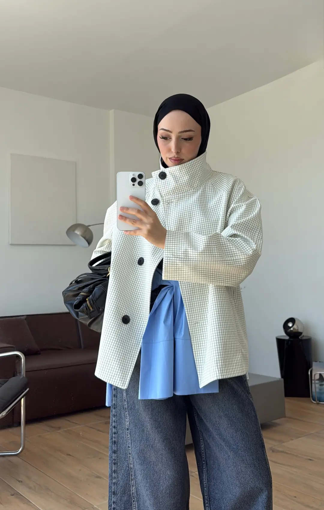 Ekose Düğme Detay Trenc Ekru