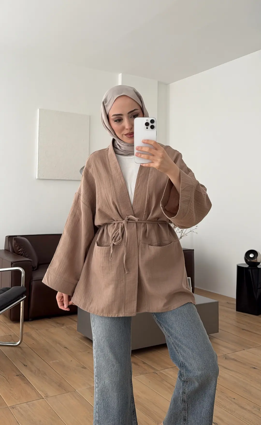 Müslin Kimono Koyu Bej