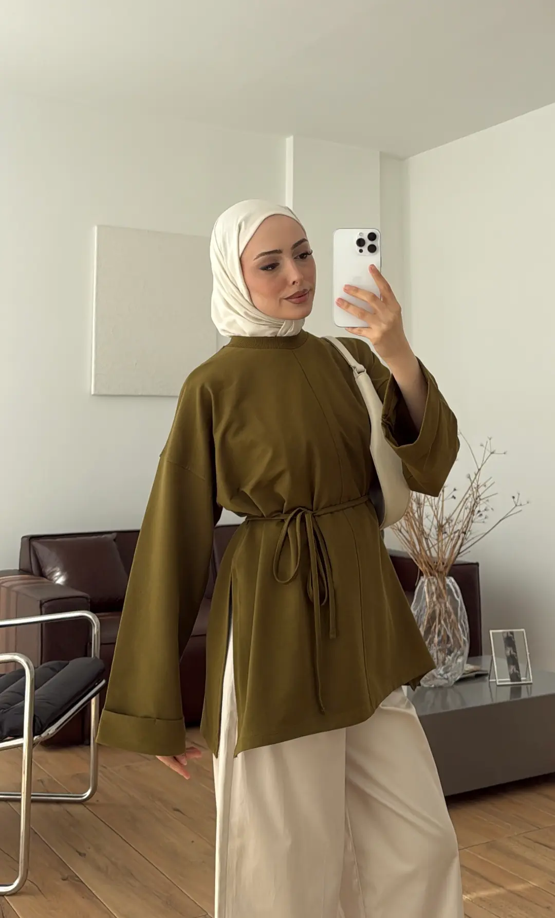 Bağlamalı Yanı Yırtmaç Detay Sweatshırt Olive