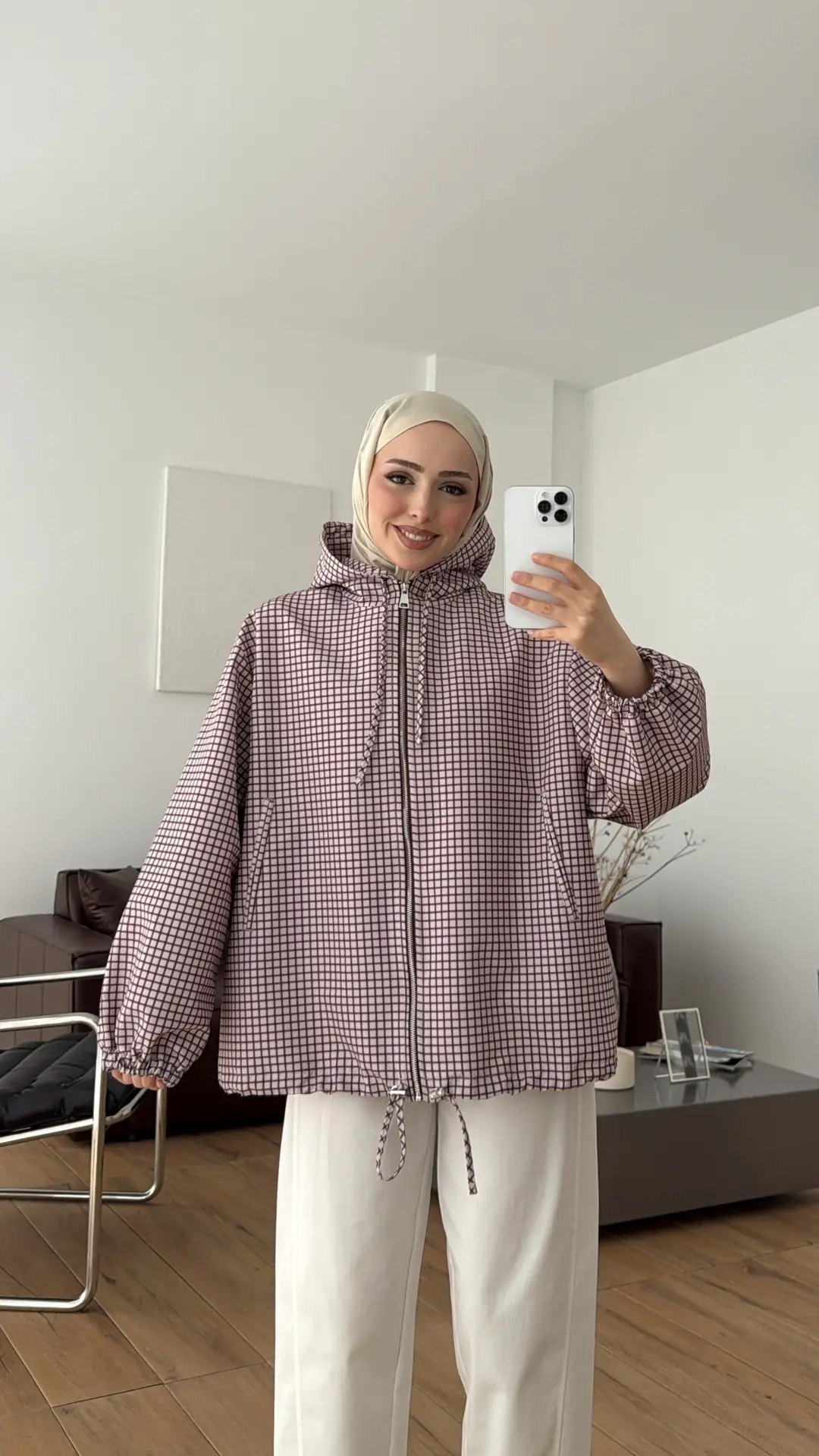 Kapşonlu Ekose Ceket Bordo