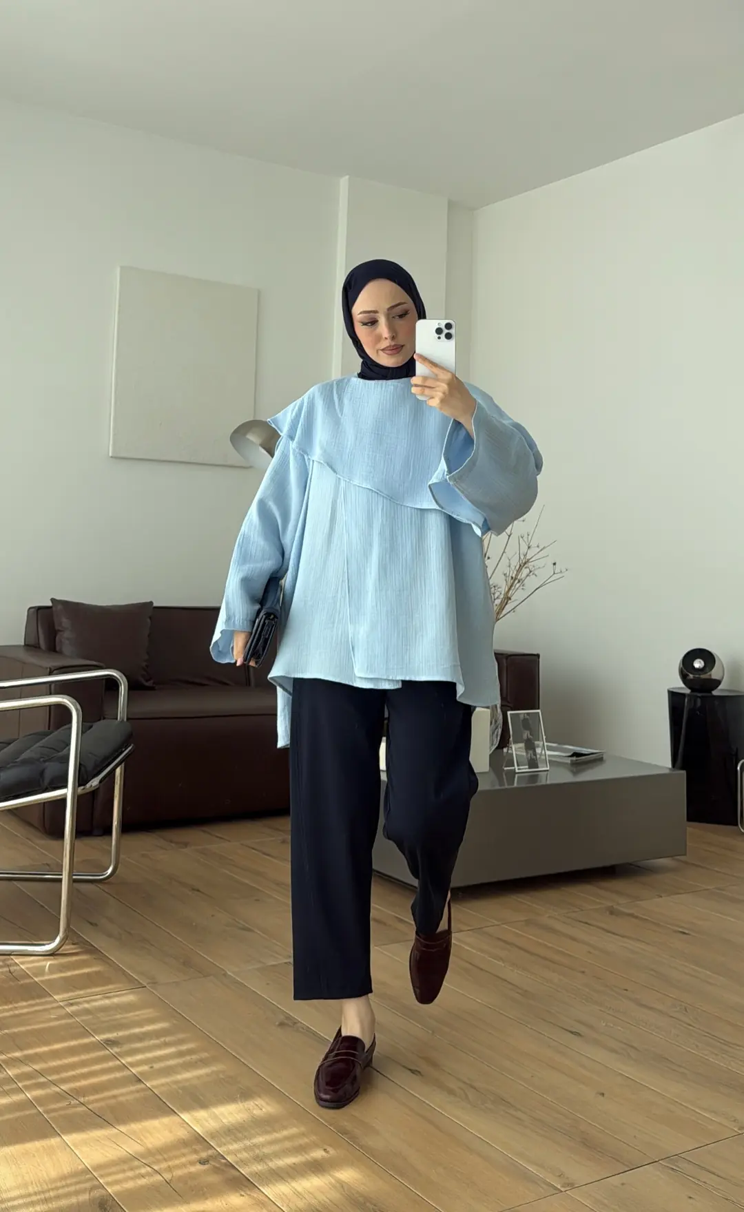 Şal Detaylı Müslin Bluz Mavi