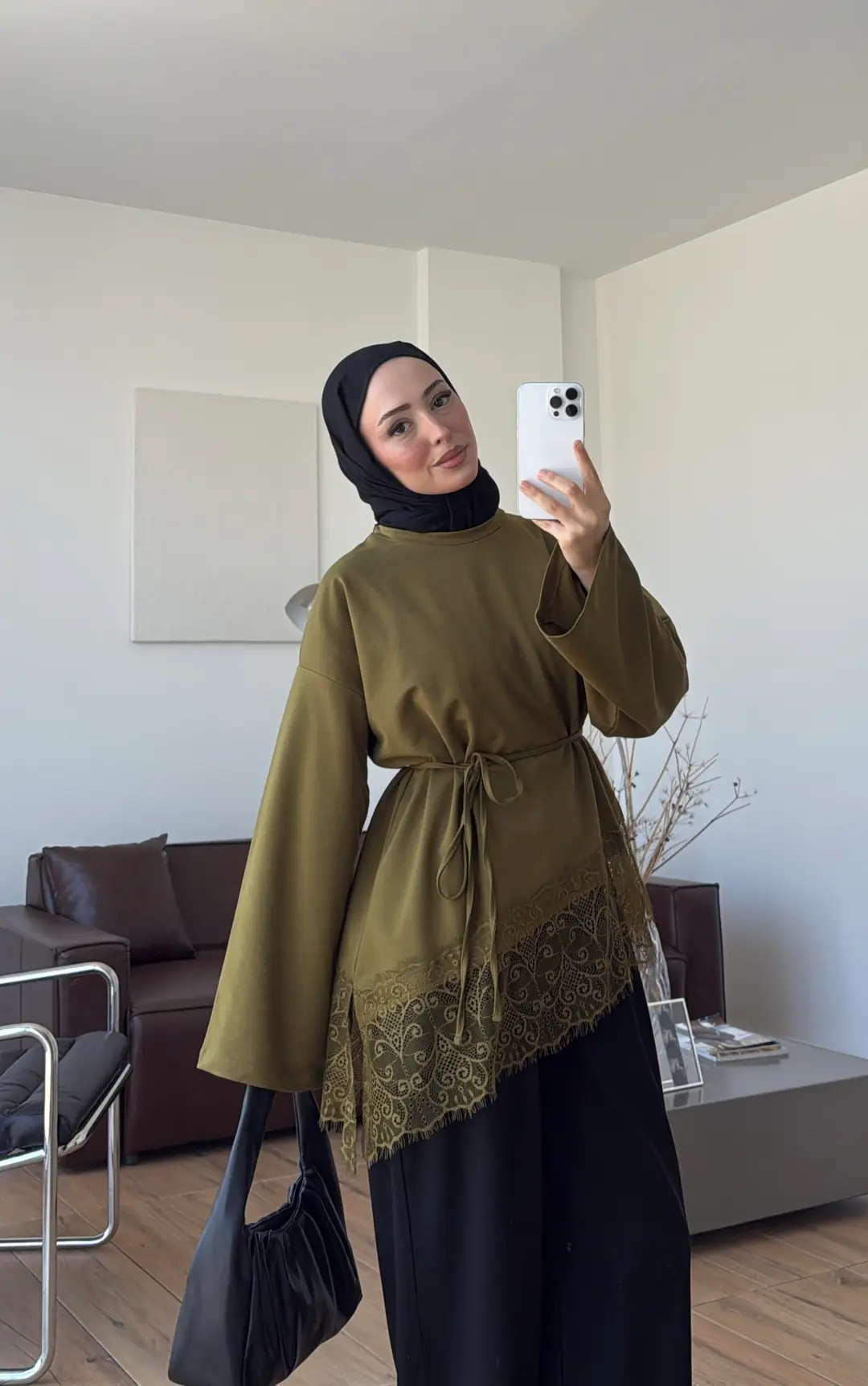 Eteği Dantel Detay Sweat Olive