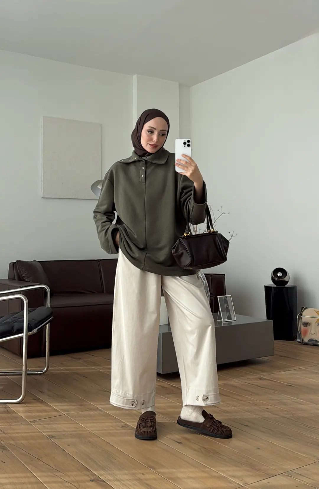 Yakalı Çıtçıt Detay Sweat Haki