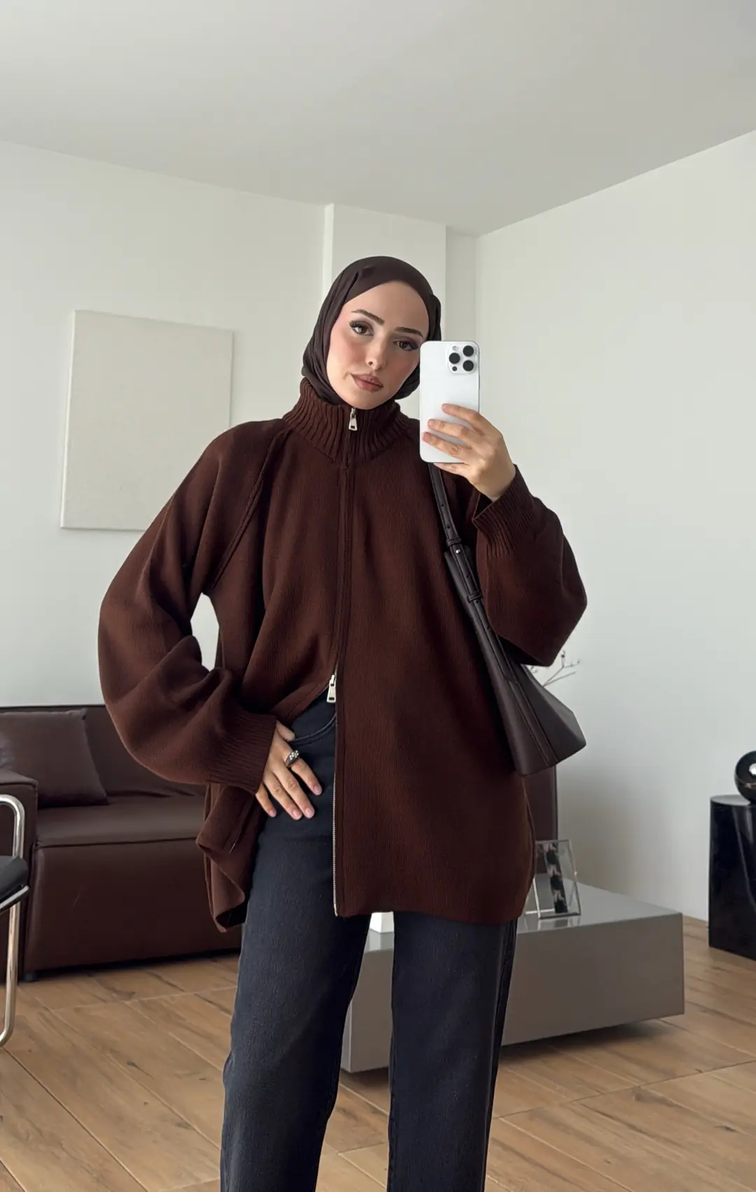 Çift Fermuarlı Triko Hırka Kahve