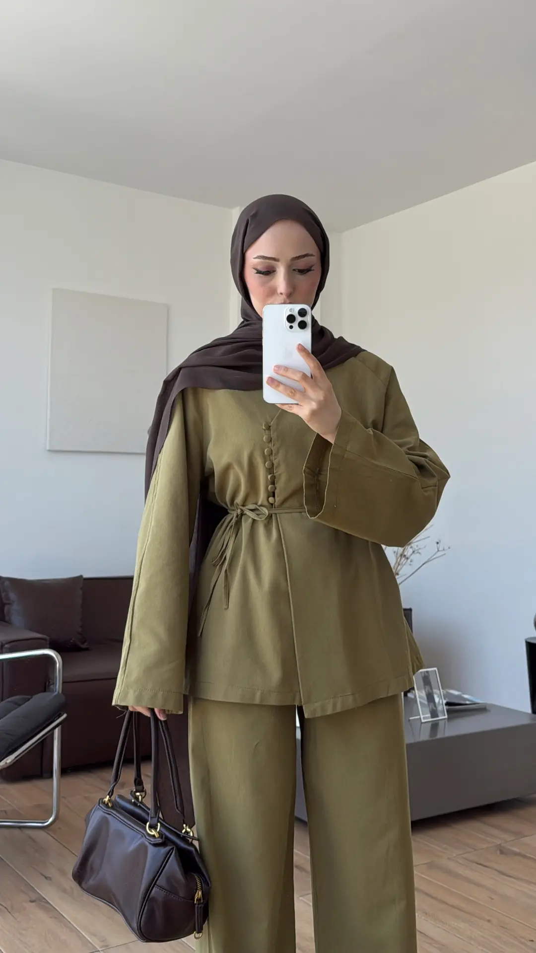 Sık Düğmeli Keten Takım Olive