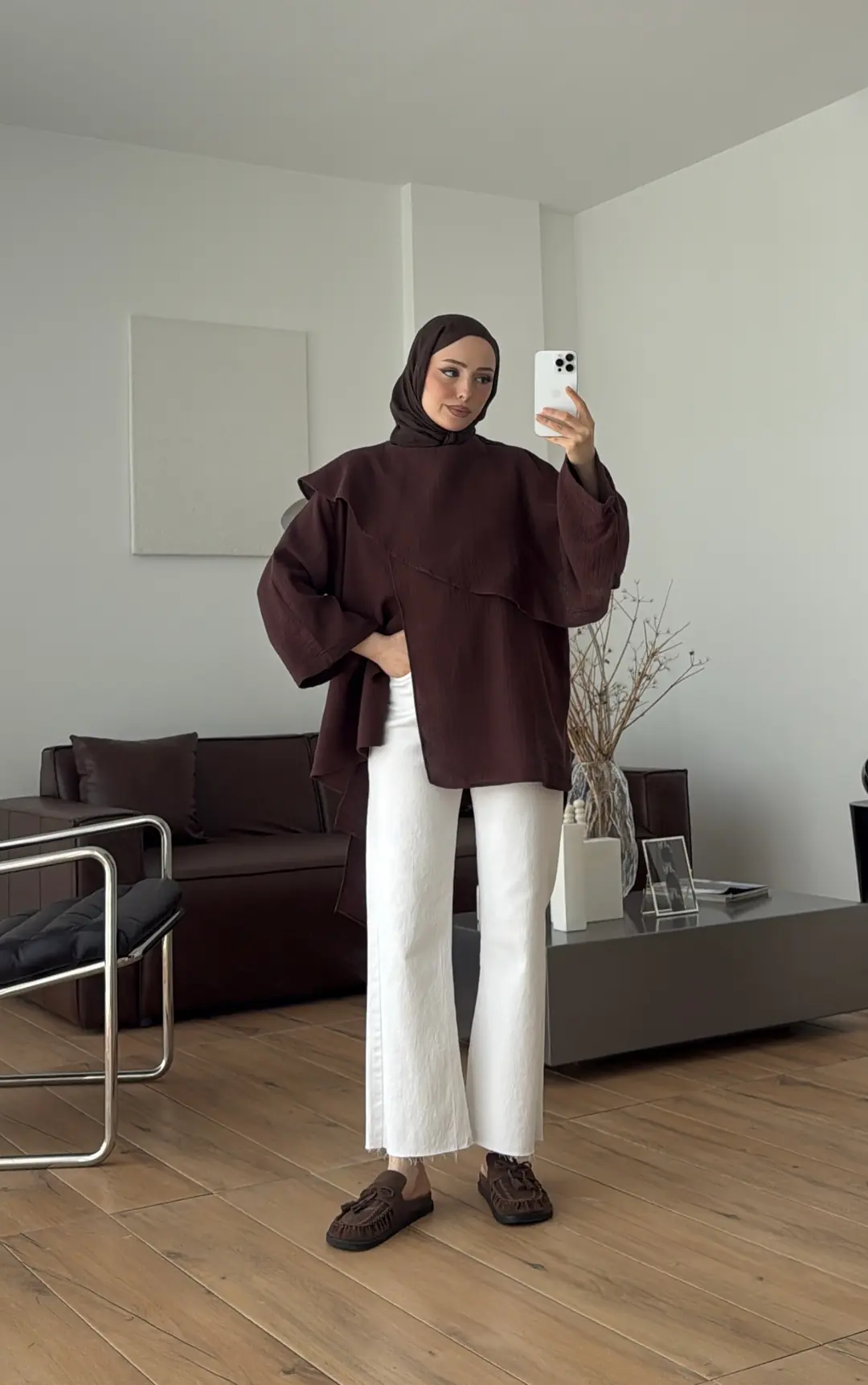 Şal Detaylı Müslin Bluz Kahve