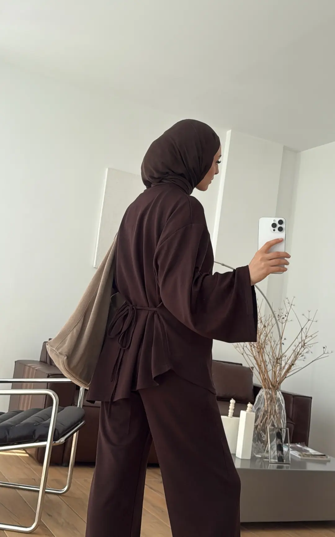 Biye Bağcıklı Tunikli Takım Kahve