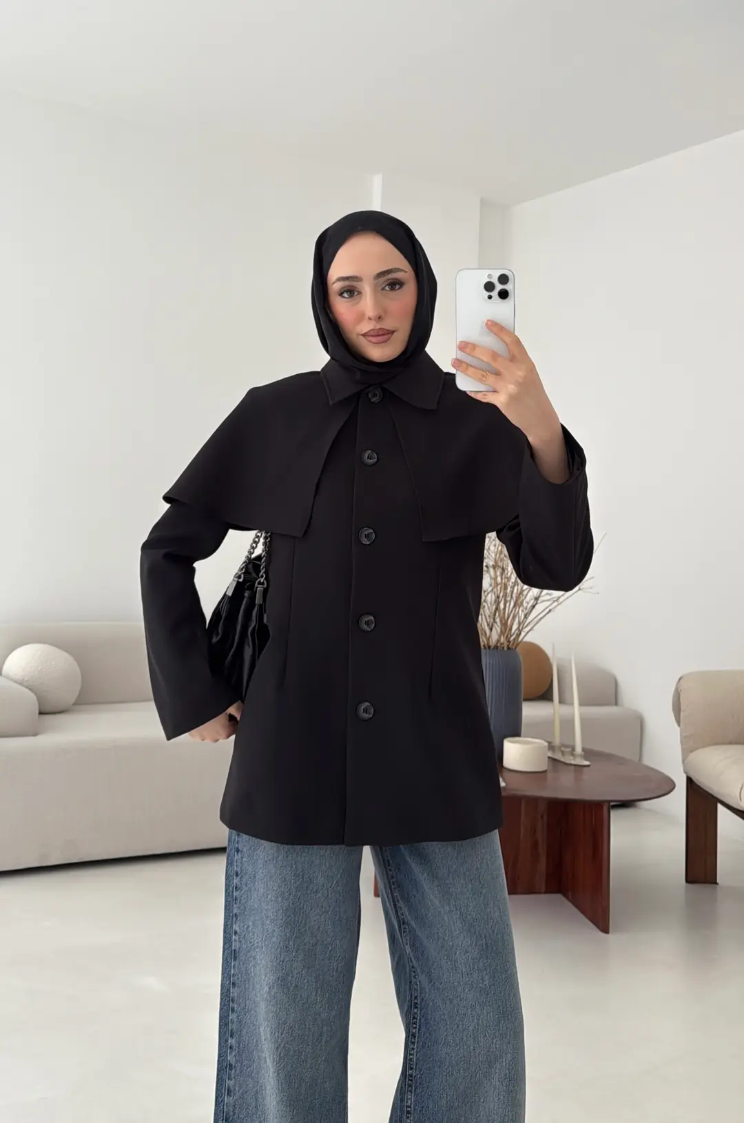 Pelerin Detay Fit Ceket Siyah