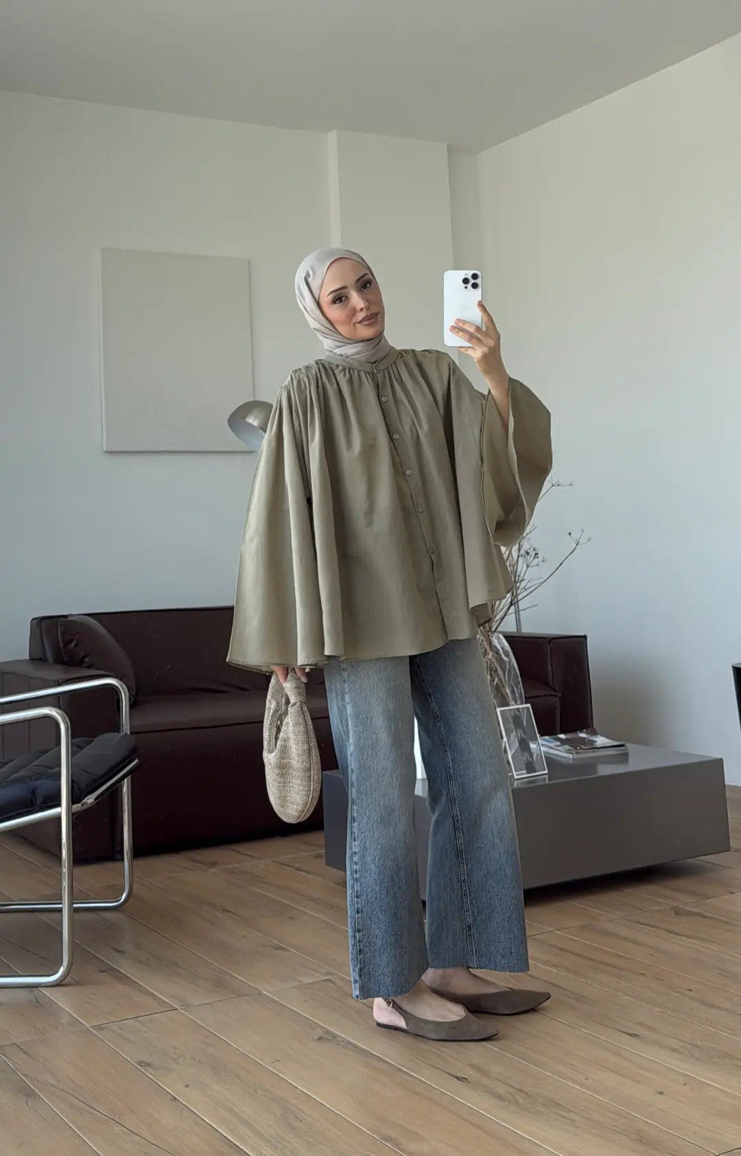 Geniş Kol Dökümlü Vual Gömlek Açık Haki