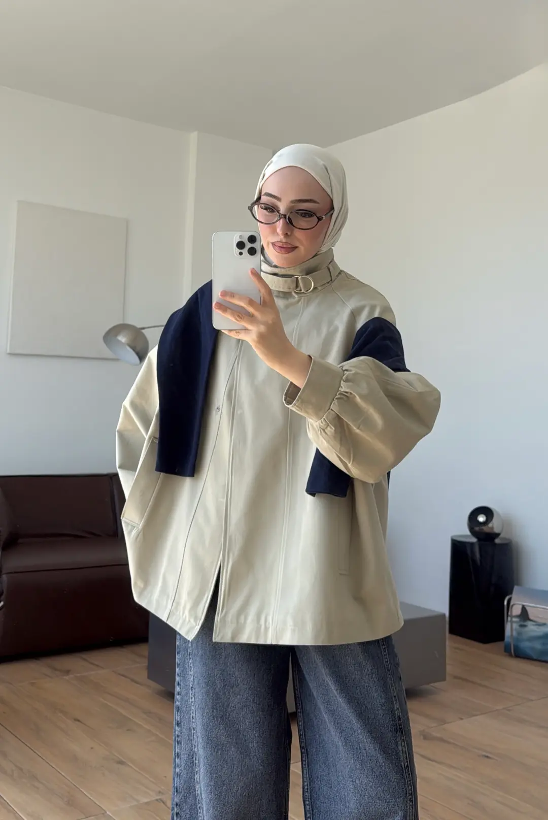Kuşaklı Dik Yaka Ceket Haki