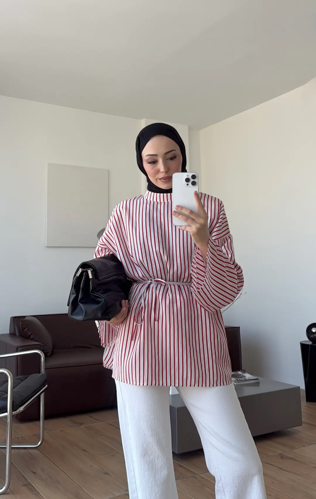 Şallı Çizgili Bluz Beyaz