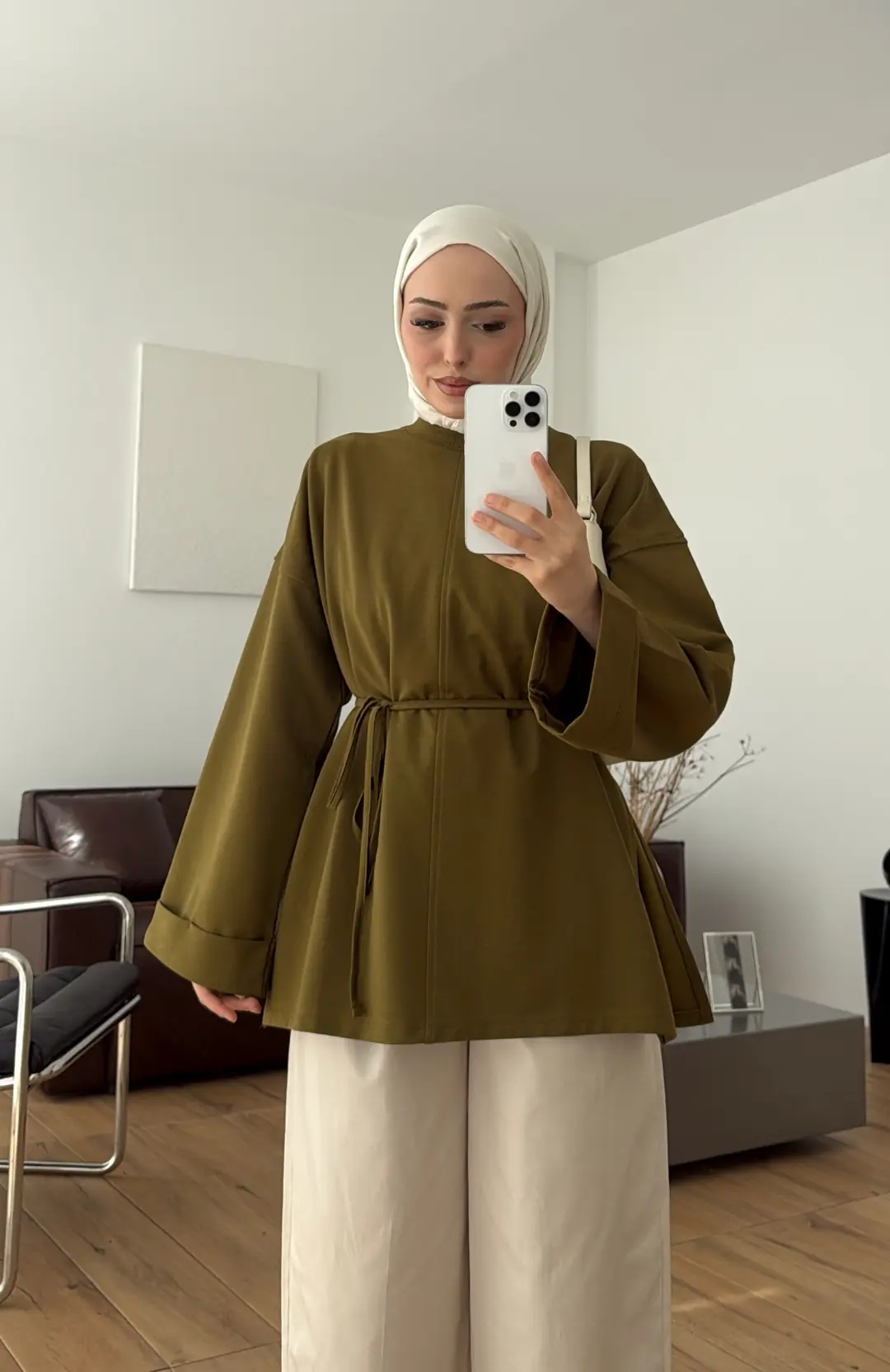 Bağlamalı Yanı Yırtmaç Detay Sweatshırt Olive