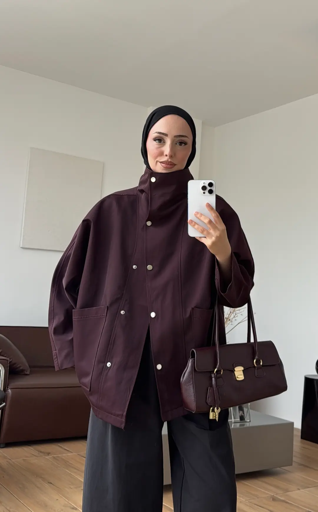 Çıtçıtlı Cep Detay Trenç Mürdüm