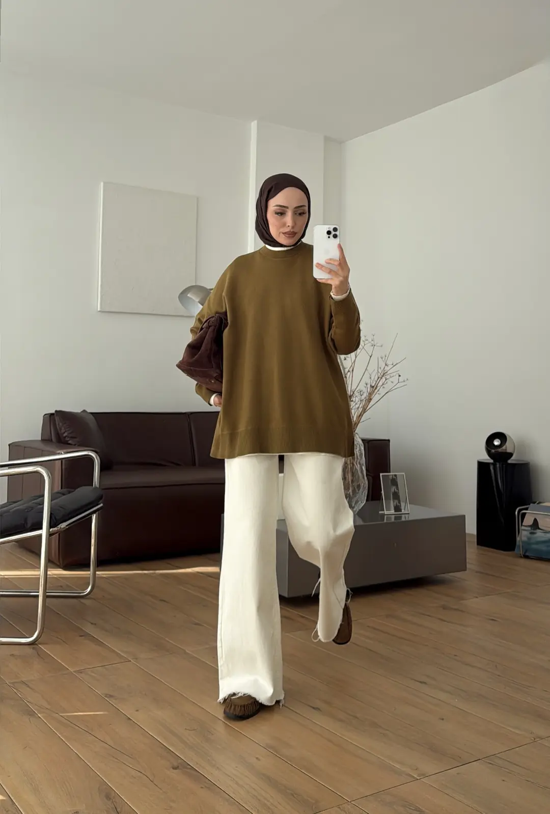 Kontrast Geçişli Triko Kazak Olive