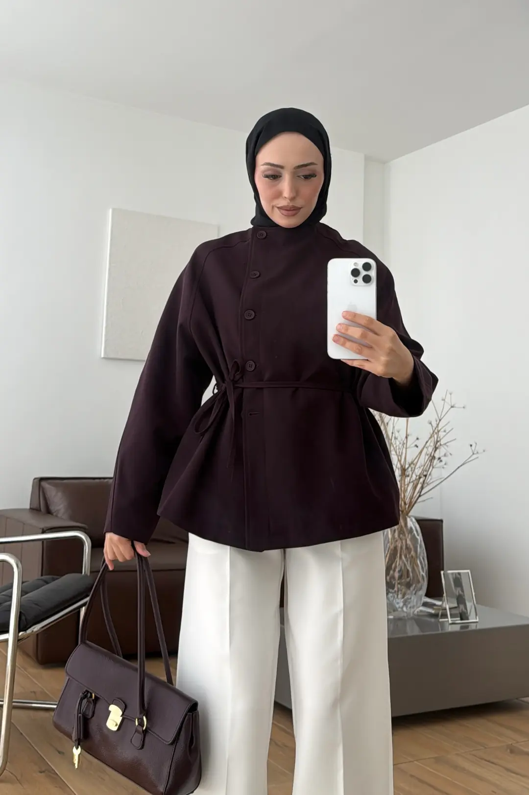 Bağcıklı Dik Yaka Ceket Mürdüm