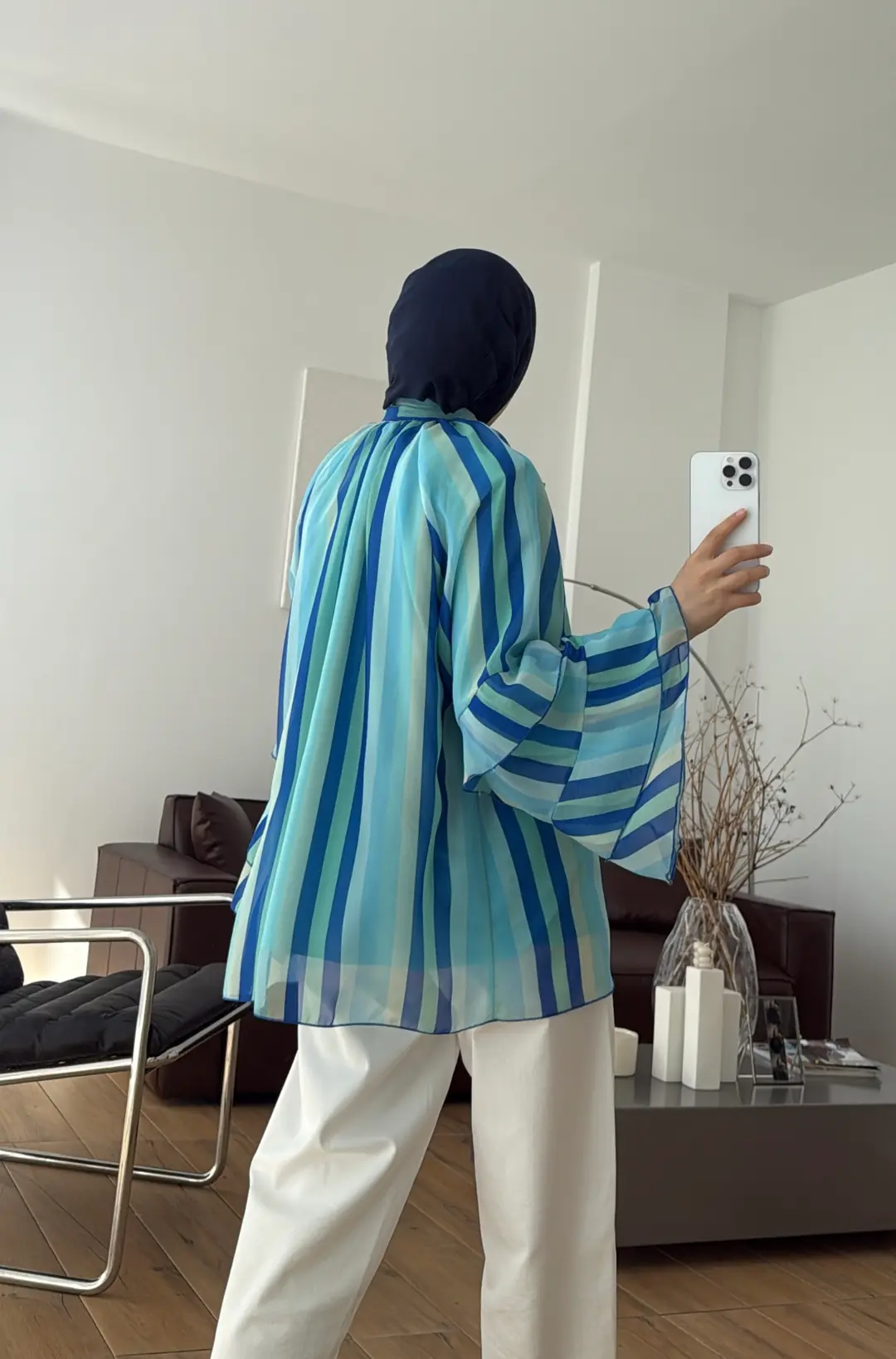 Oryo Çizgili Şifon Bluz Mavi