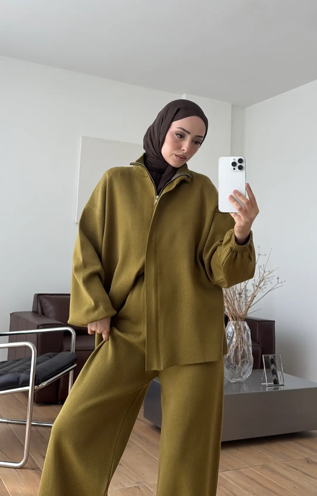 Çift Fermuarlı Tok Kumaş Triko Takım Hardal