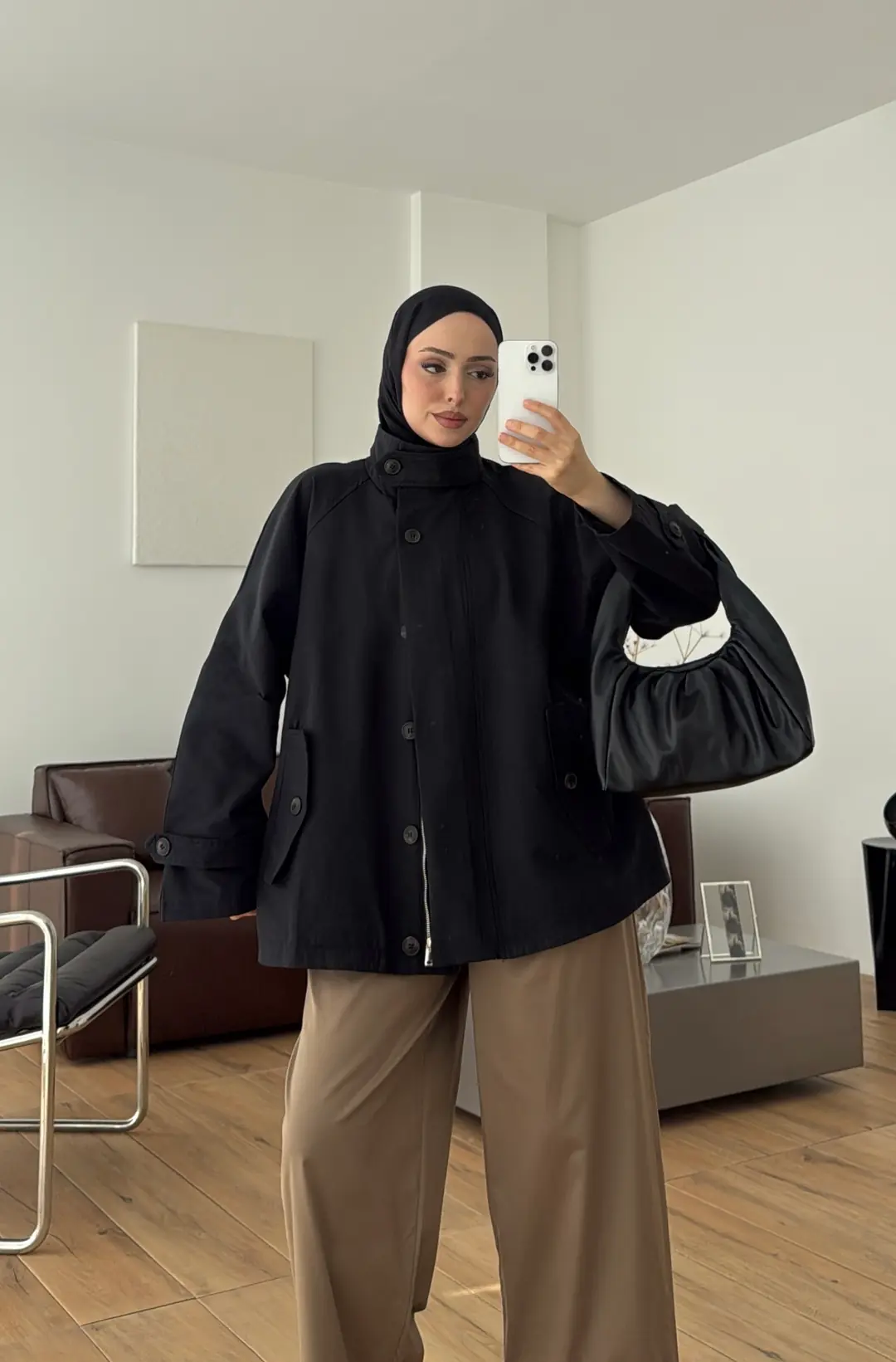 Minimal Yakalı Trençkot Siyah