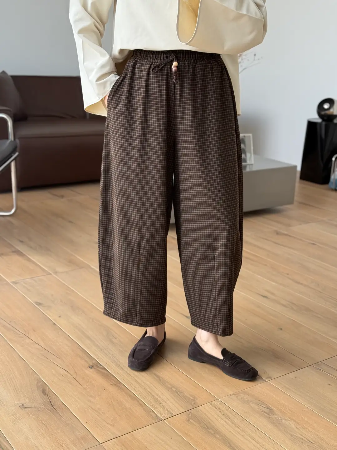 Kareli Beli Lastikli Pantolon Camel