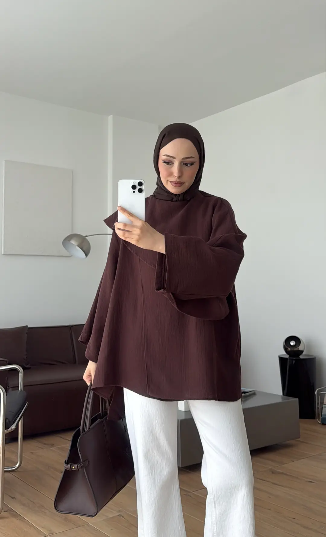 Şal Detaylı Müslin Bluz Kahve