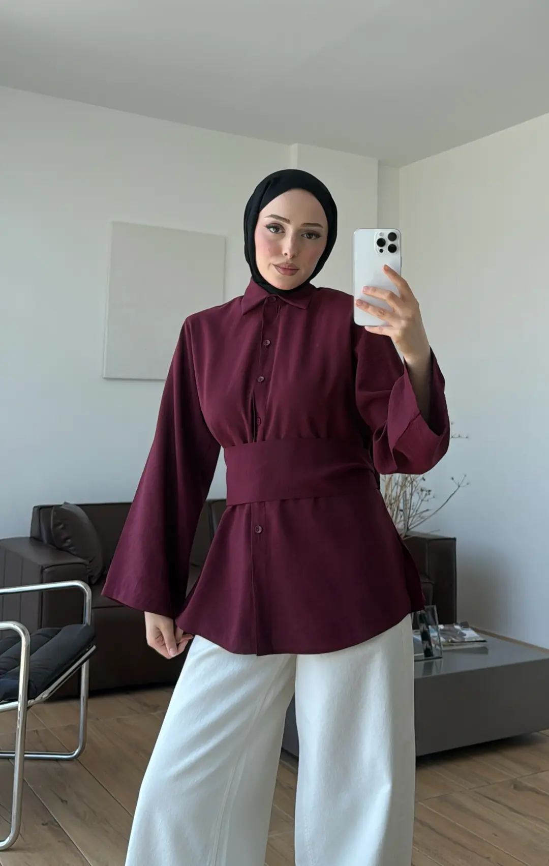 Kalın Kemerli Modal Gömlek Bordo