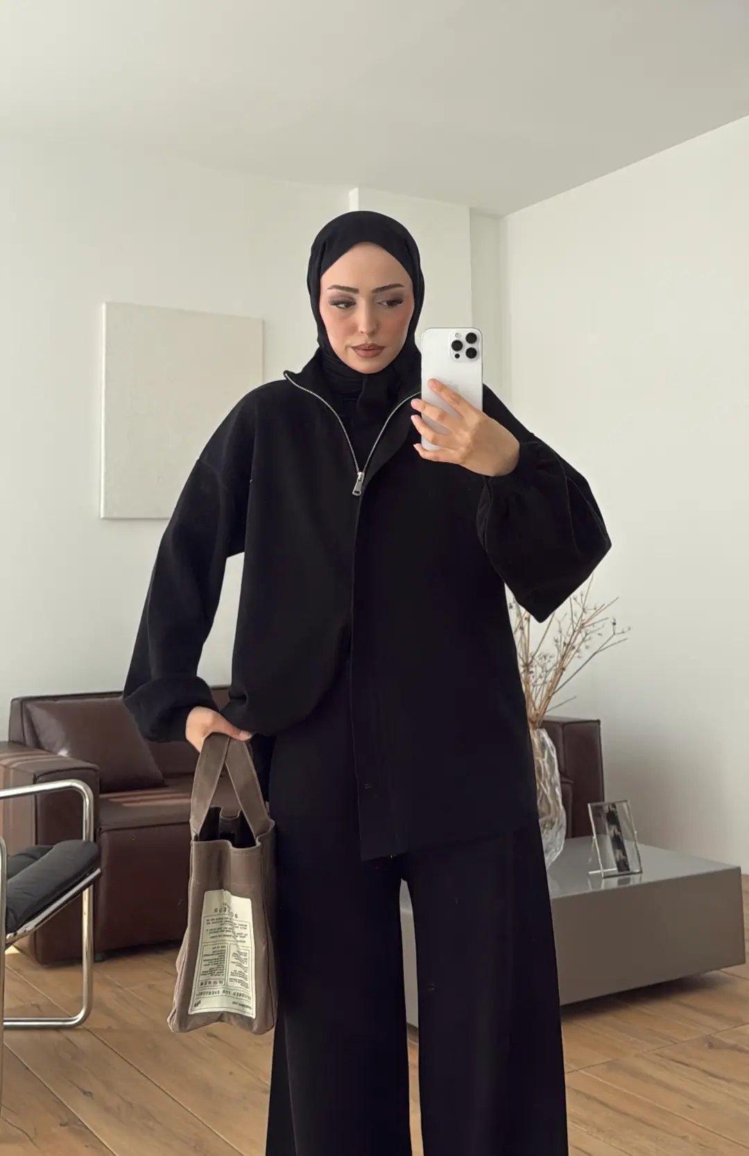 Çift Fermuarlı Tok Kumaş Triko Takım Siyah