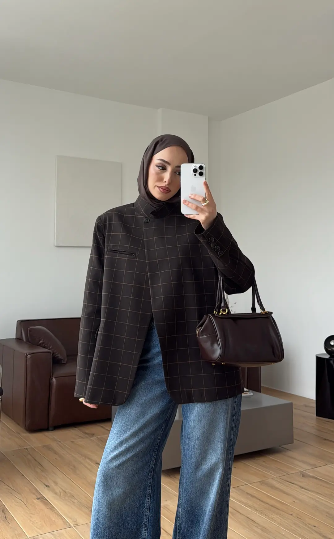 Dik Yakalı Ekose Blazer Ceket Kahve