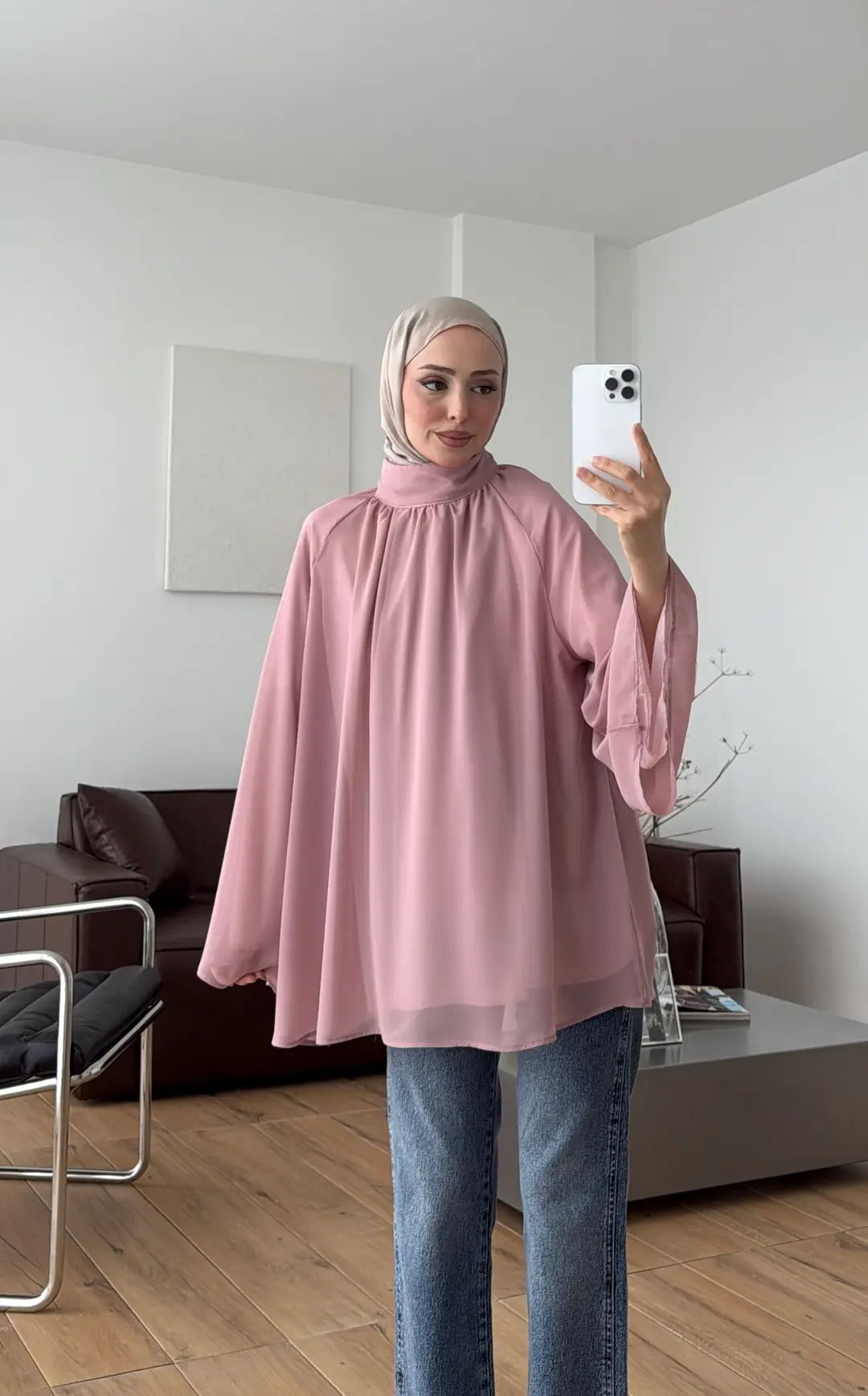 Şifon Dökümlü Bluz Krem Pudra