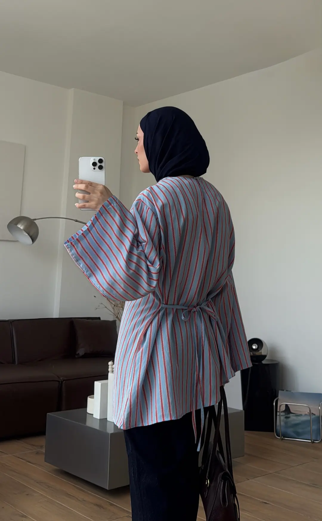 Çizgili Arkadan Bagcıklı Tunik Mavi