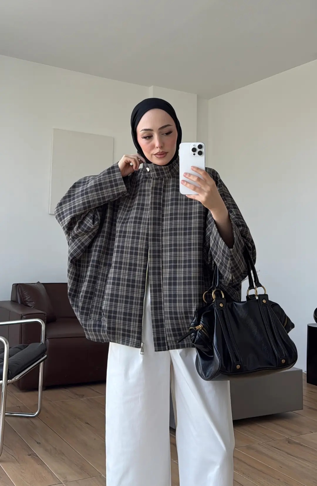 Ekose Pile Detay Bomber Ceket Koyu Haki