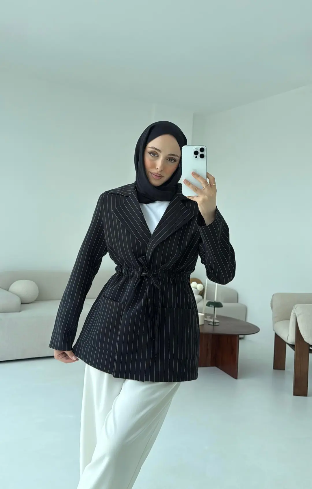 Bağlamalı Siyah Çizgili Blazer Ceket