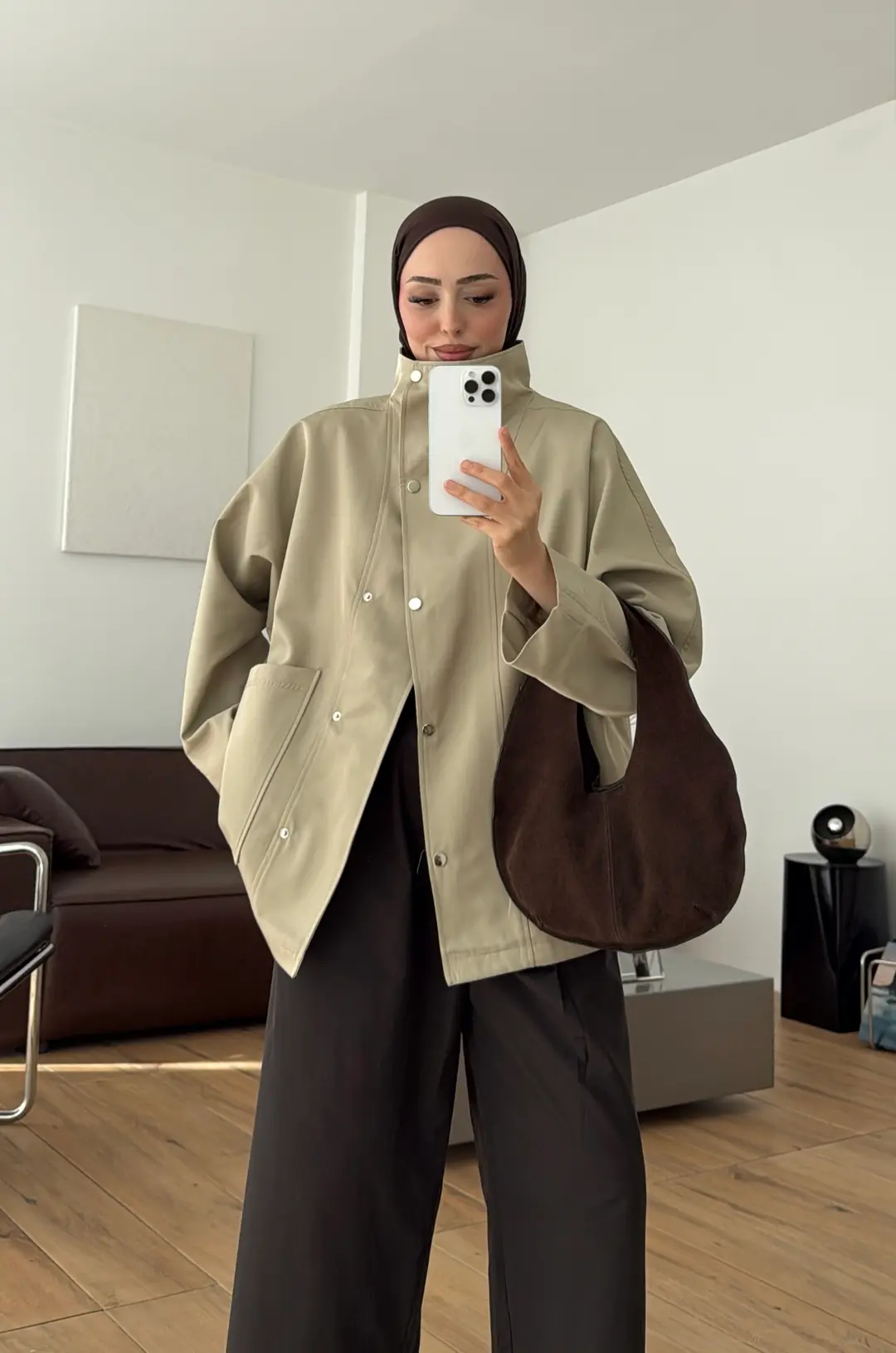 Çıtçıtlı Cep Detay Trenç Koyu Bej