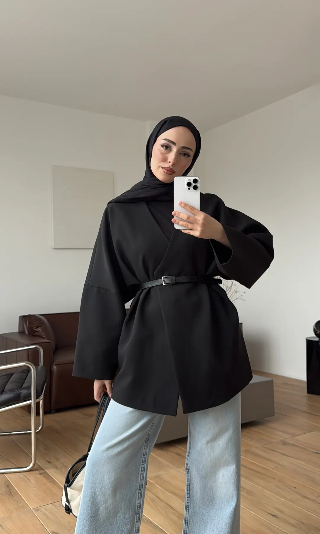 Deri Kemer Detay Oversize Ceket Siyah