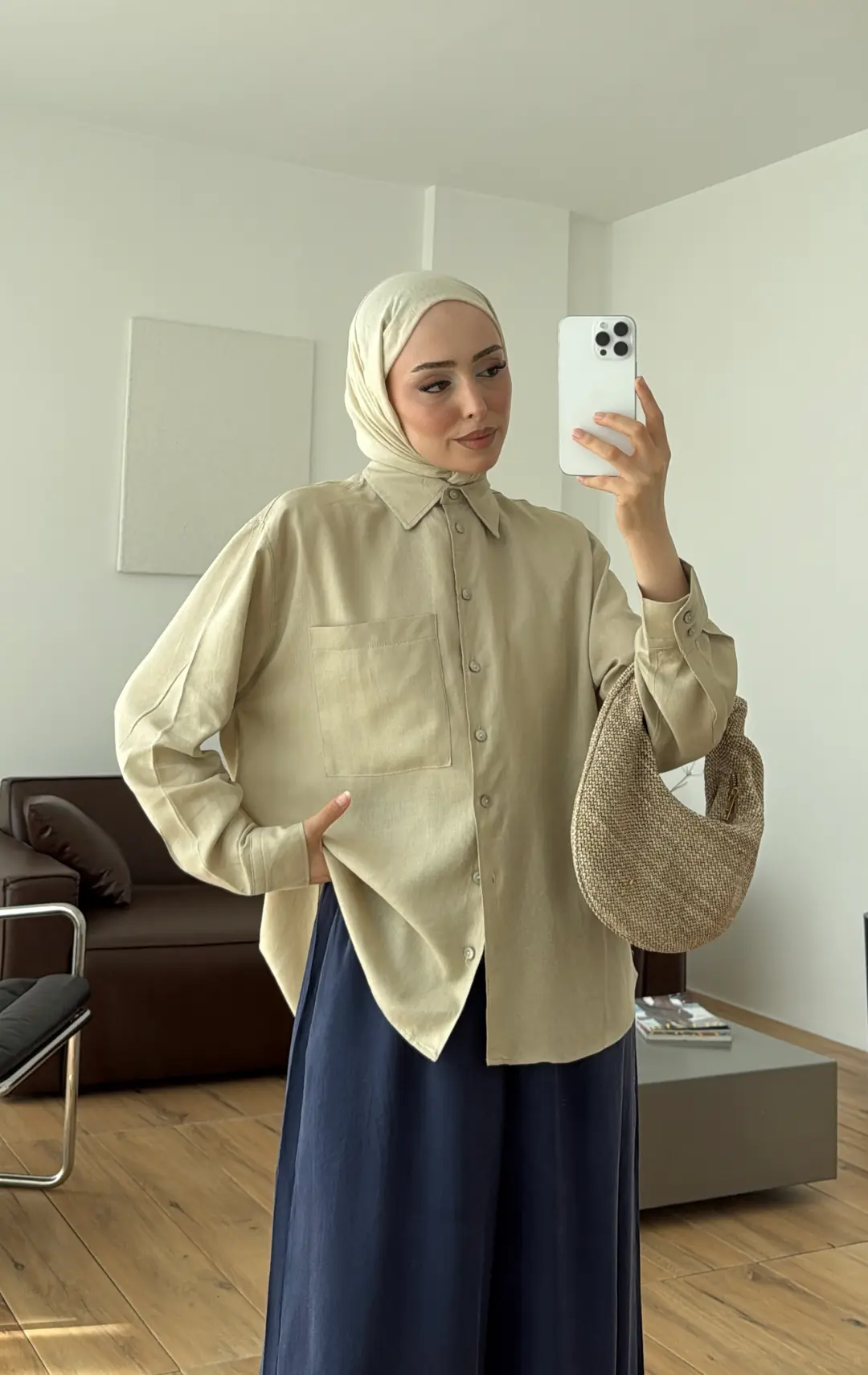 Sedef Düğmeli Keten Gömlek Bej