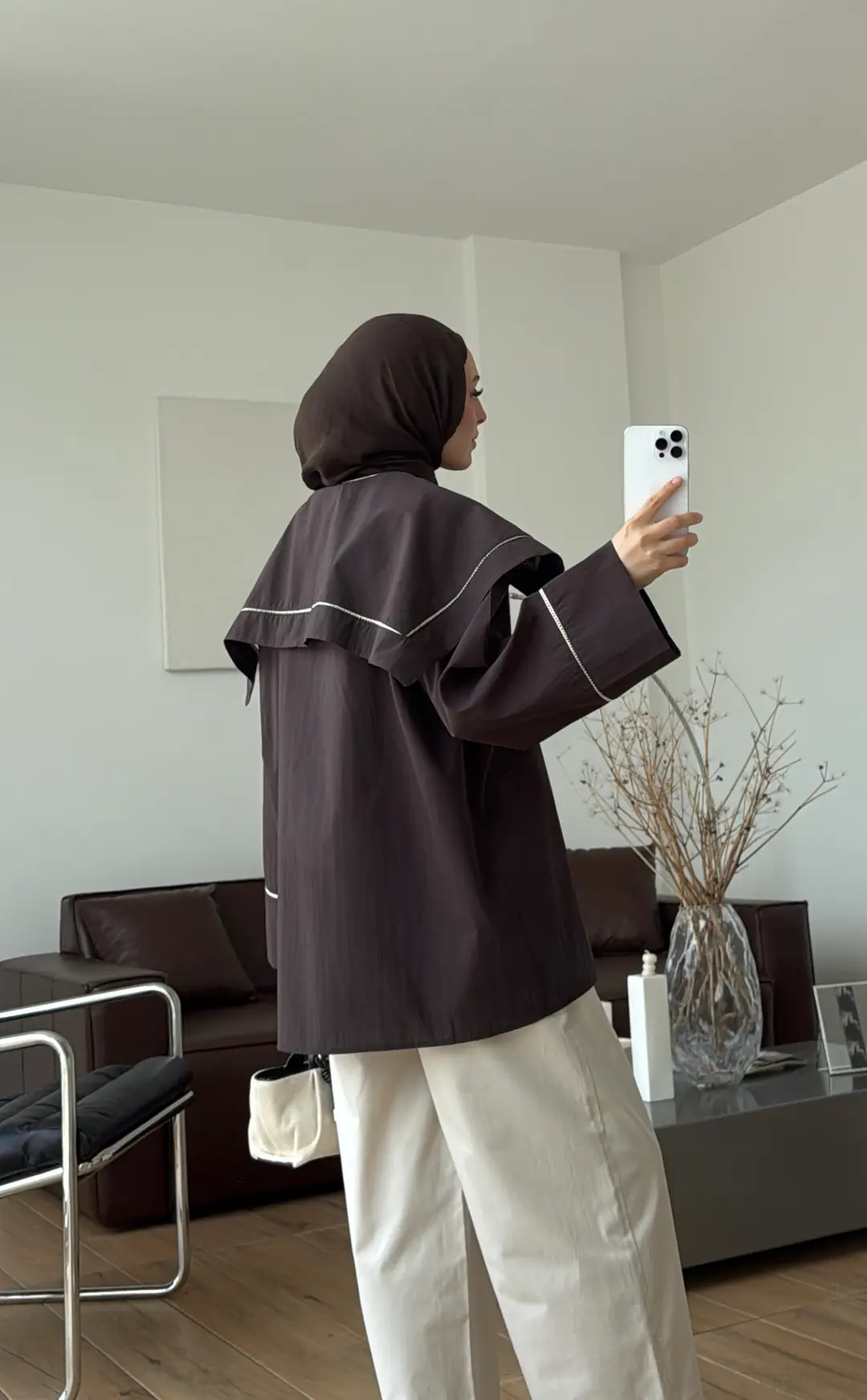 Biye Bağcıklı Dantelli Tunik Kahve
