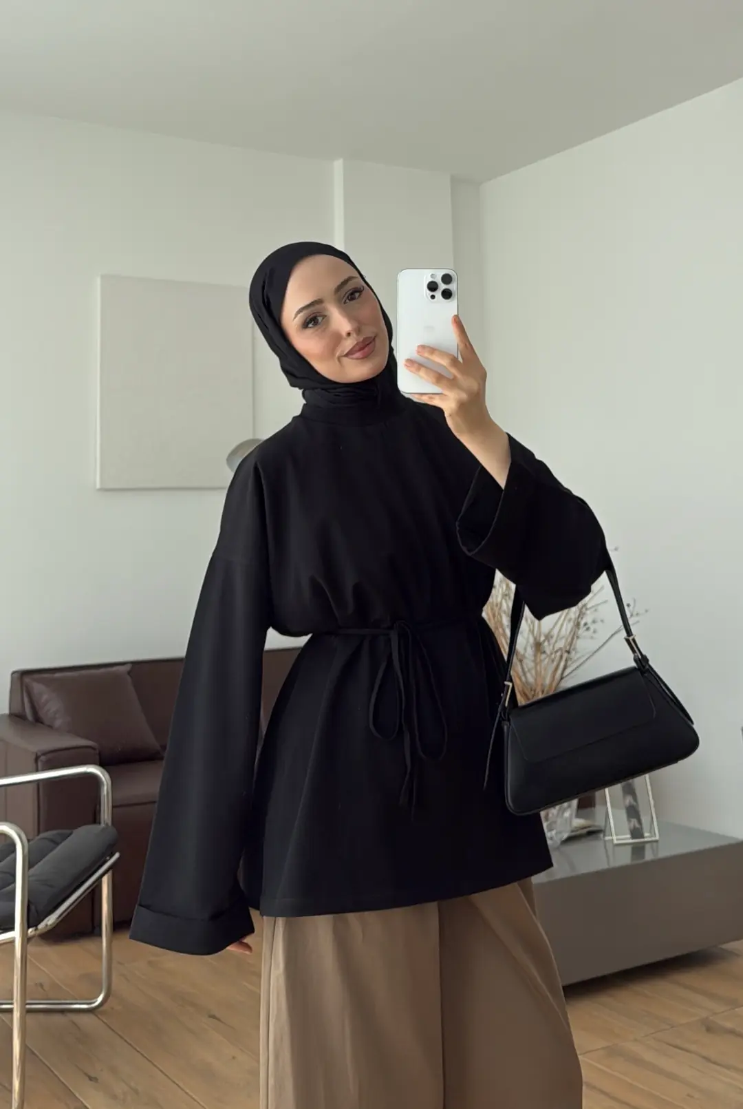 Bağlamalı Yanı Yırtmaç Detay Sweatshırt Siyah