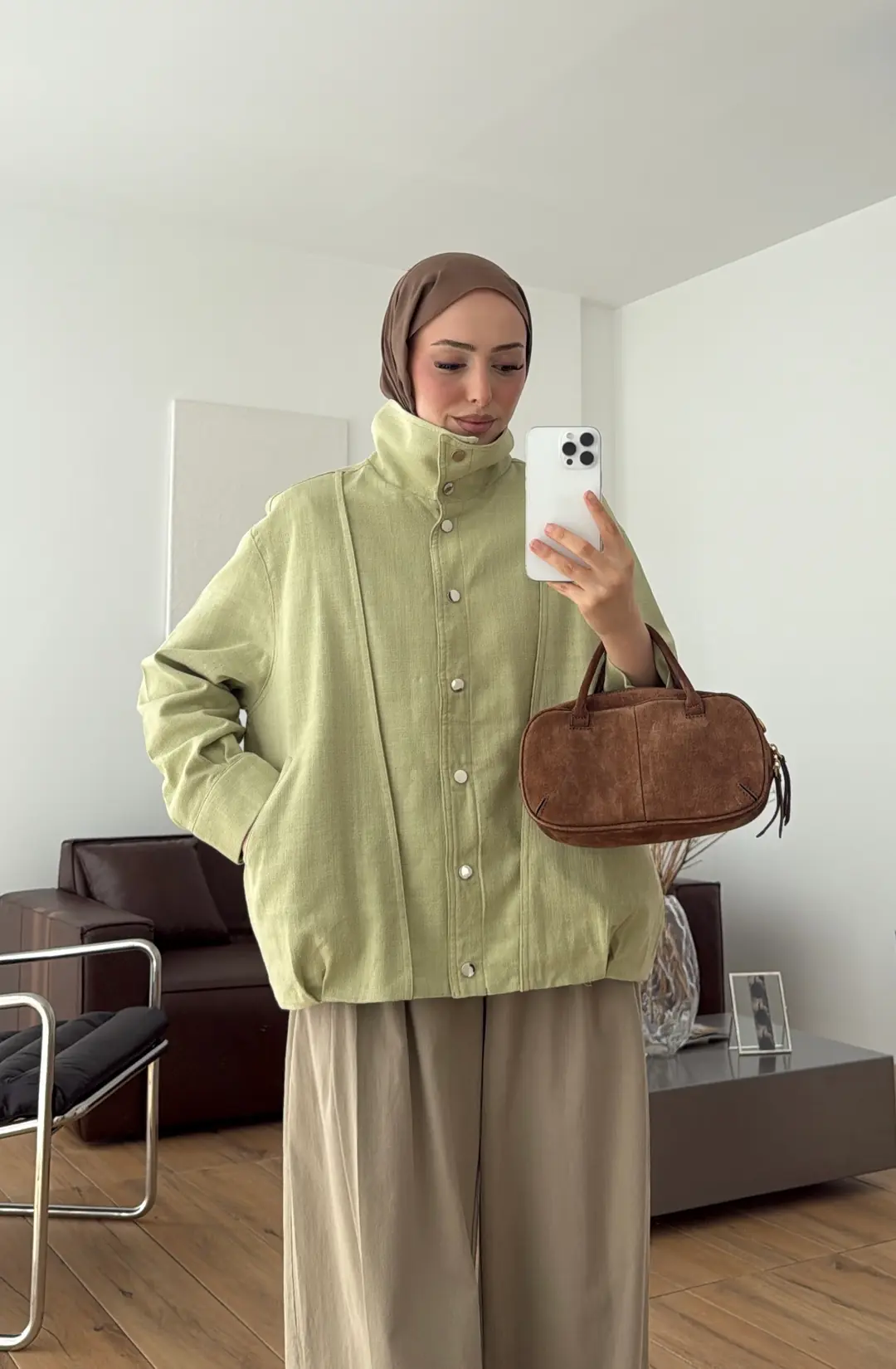 Keten Bomber Ceket Açık Yeşil