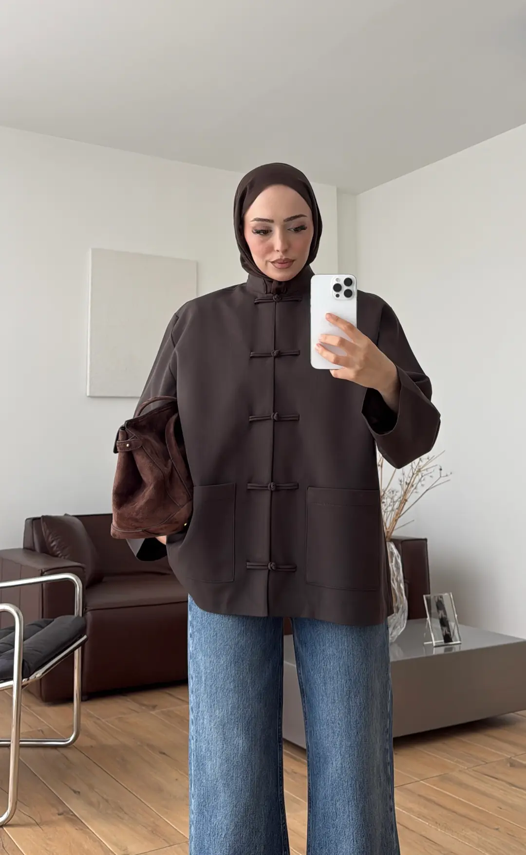 Süslü Düğmeli Krep Ceket Kahve