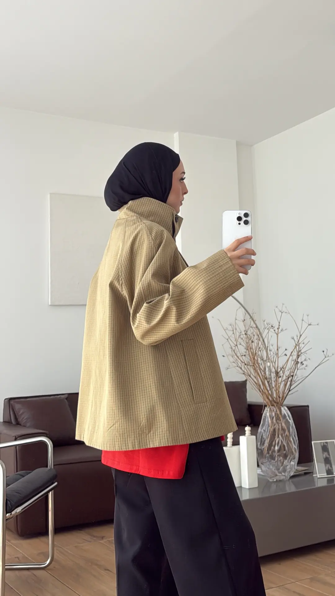 Ekose Düğme Detay Trenc Hardal